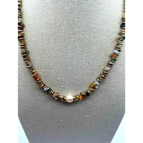 Bohemian Agate Chip & Faux Pearl Necklace With Brass Accents.  A88 - Picture 2 of 11